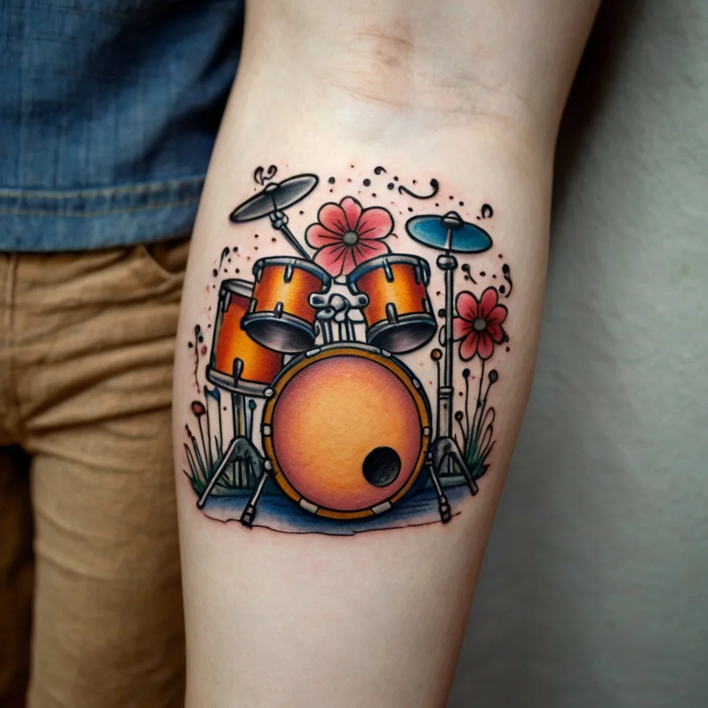 Tattoo of vibrant orange drum set adorned with red flowers, musical notes, and artistic flourishes for a dynamic touch.