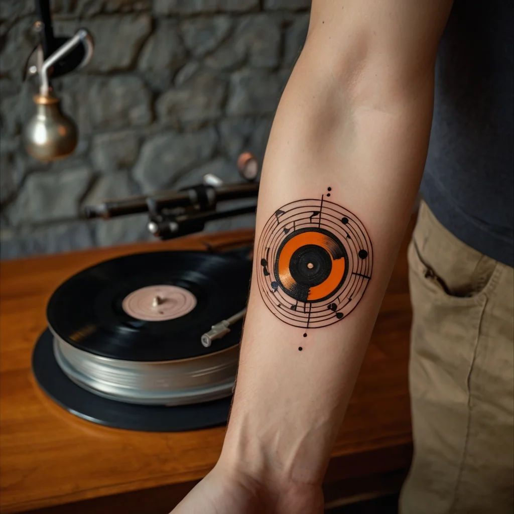 Vinyl record tattoo with orange center and musical notes encircling the arm, symbolizing a passion for music.