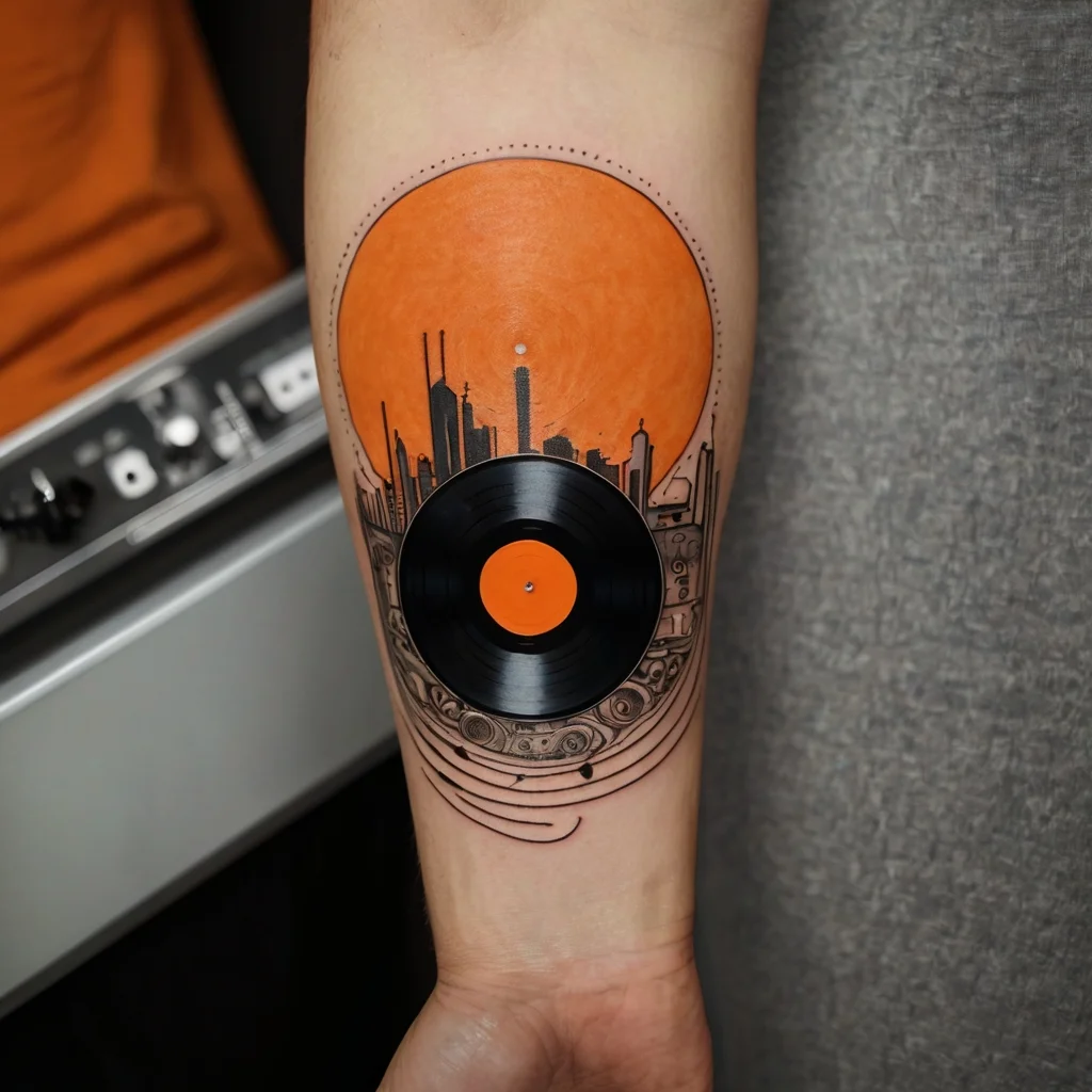 Tattoo of a city skyline against an orange sun, with a detailed vinyl record at the foreground, blending music and urban life.