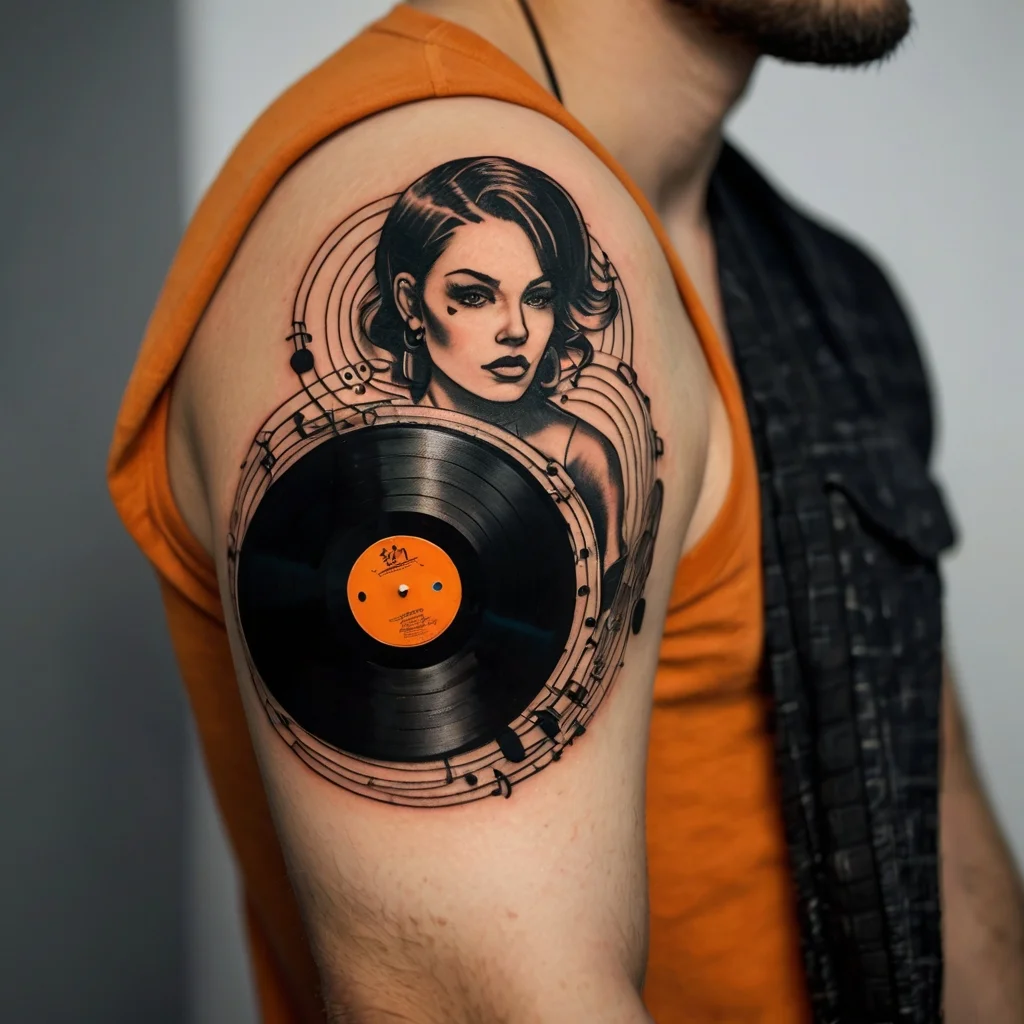 Tattoo of a retro woman with bold makeup beside a vinyl record, surrounded by flowing musical notes on the shoulder.