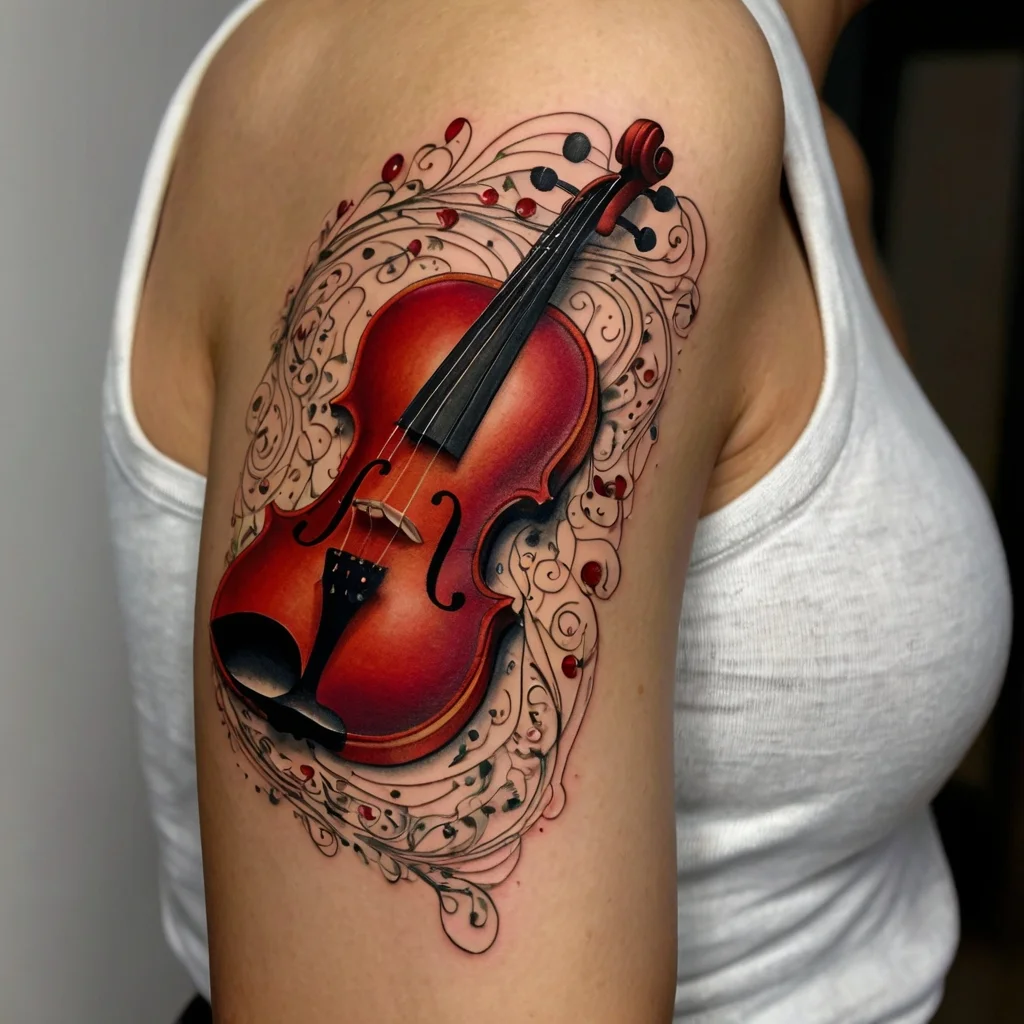 Realistic violin tattoo on upper arm with ornate swirling patterns and musical notes in vibrant red and black hues.