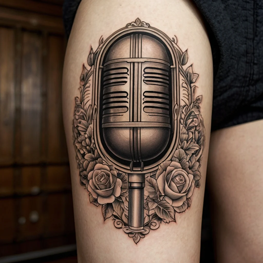 Vintage microphone tattoo surrounded by detailed roses and leaves, symbolizing music and beauty.