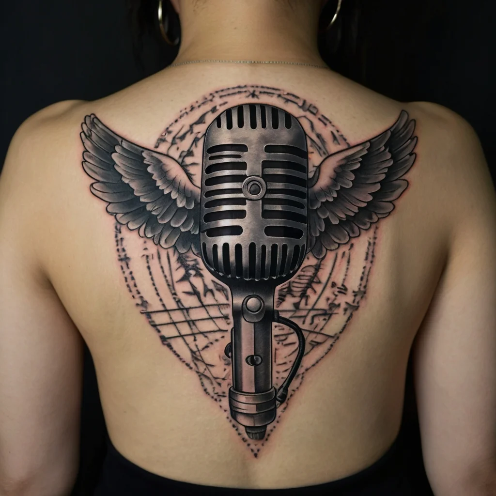 Tattoo of a vintage microphone with outstretched wings and musical notes, symbolizing a passion for music and freedom.