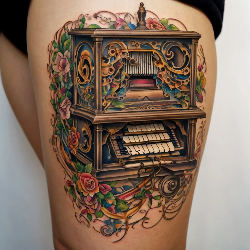 Vibrant tattoo of an ornate player piano surrounded by colorful roses and leaves, blending vintage charm with floral elegance.