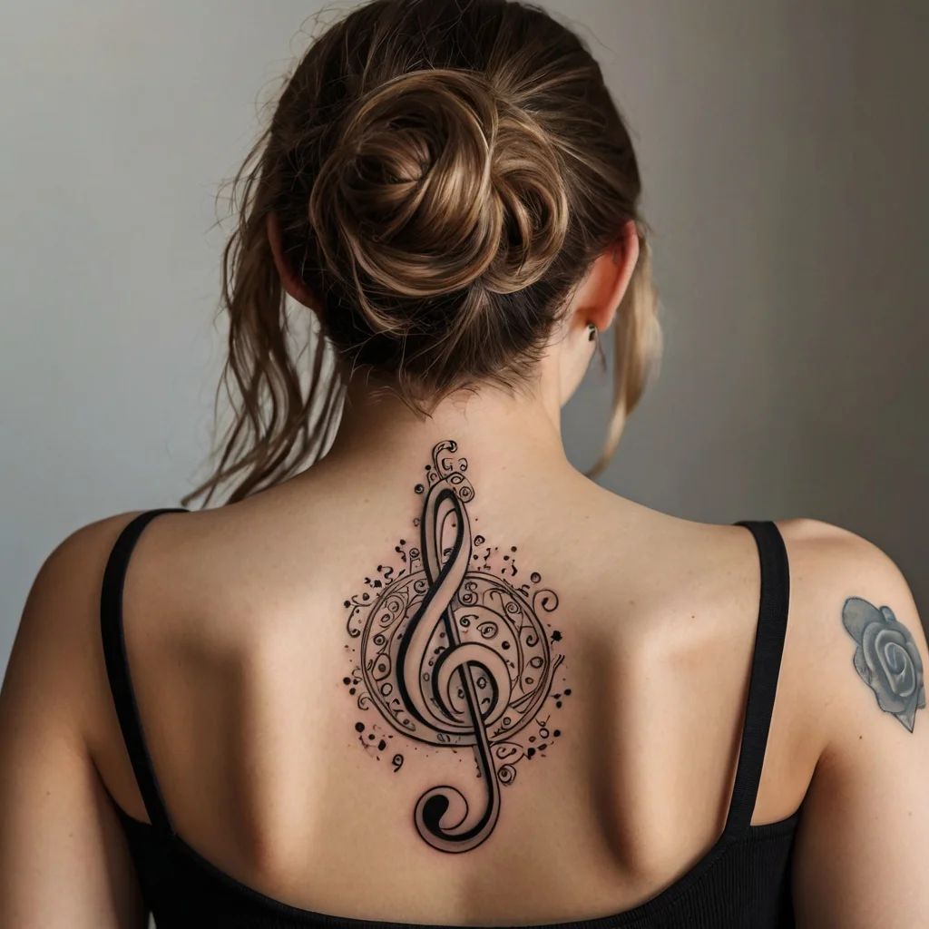 Stylized treble clef tattoo on upper back, adorned with swirling music notes and ornate details, exuding artistic elegance.