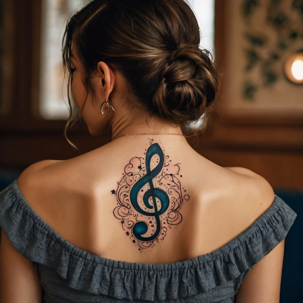 Blue treble clef tattoo on back with swirls and stars, blending music and art in vibrant elegance.