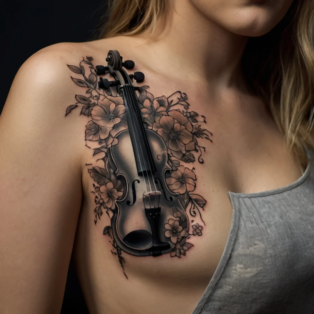 A detailed black and gray tattoo of a violin surrounded by blooming flowers on the shoulder and chest.