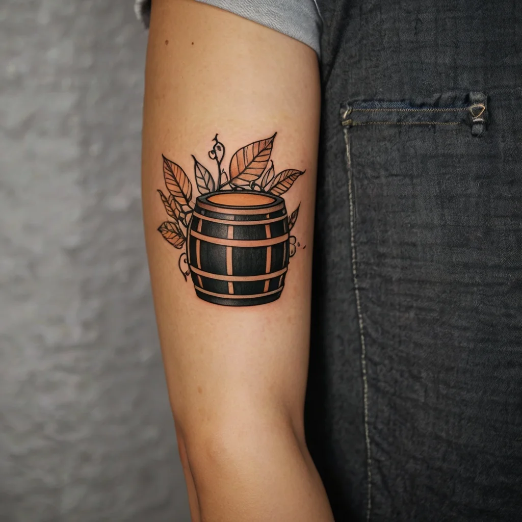 Tattoo of a wooden barrel with leaves, intricately designed in black and brown, symbolizing nature and craftsmanship.