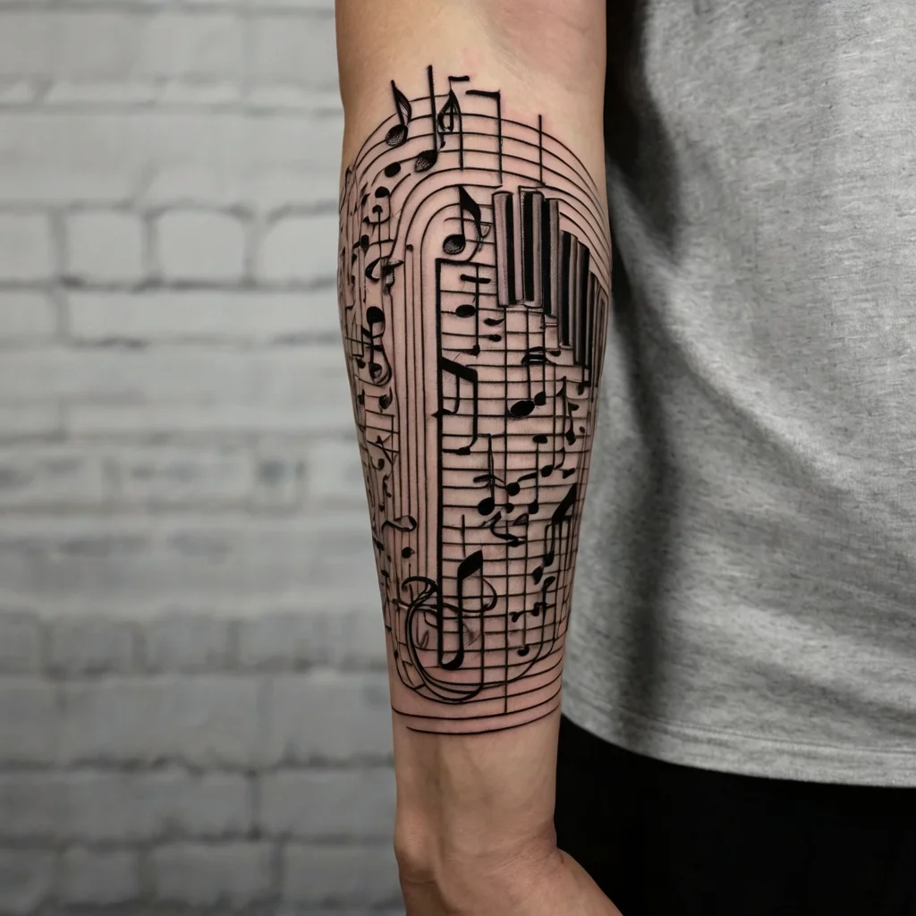 Forearm tattoo with swirling musical notes and bold piano keys, creating a rhythmic flow of melody and harmony.