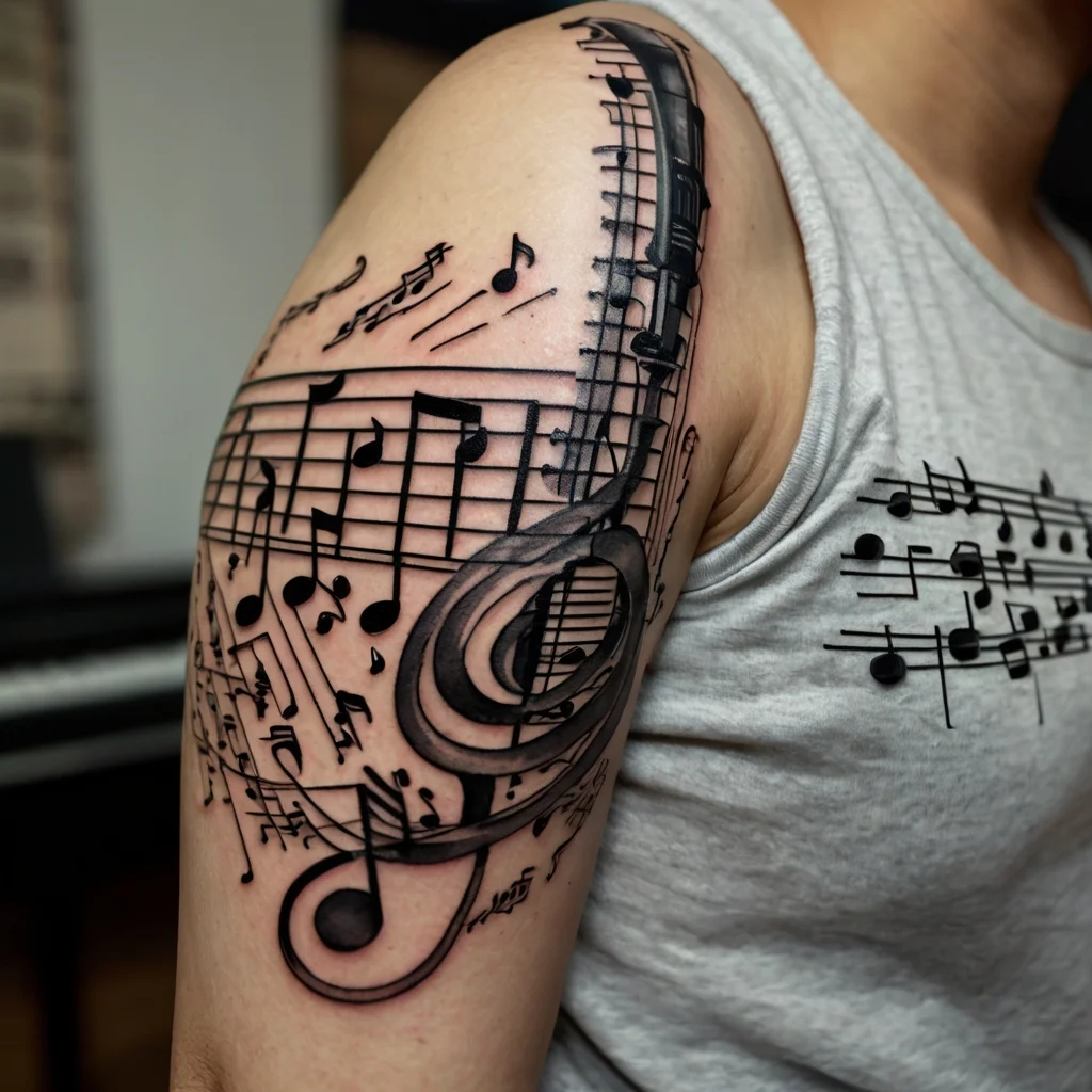 Tattoo featuring a flowing staff with musical notes and a prominent treble clef, symbolizing harmony and passion for music.