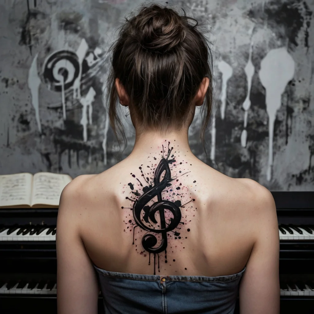 A bold treble clef tattoo on the upper back, surrounded by artistic black and pink ink splatters for a dynamic effect.