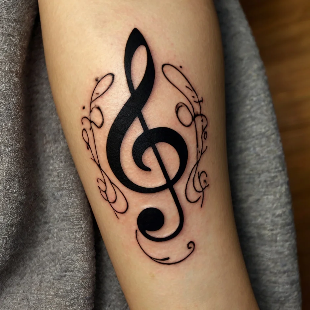 Bold black treble clef tattoo with intricate swirling lines on both sides, elegantly emphasizing musical passion.