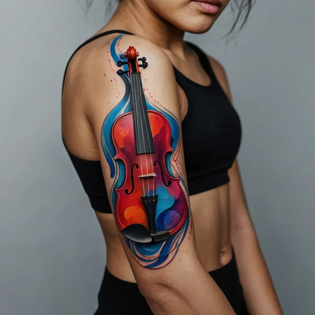 Colorful violin tattoo on upper arm, blending vivid reds, blues, and oranges with abstract swirls for a musical vibe.