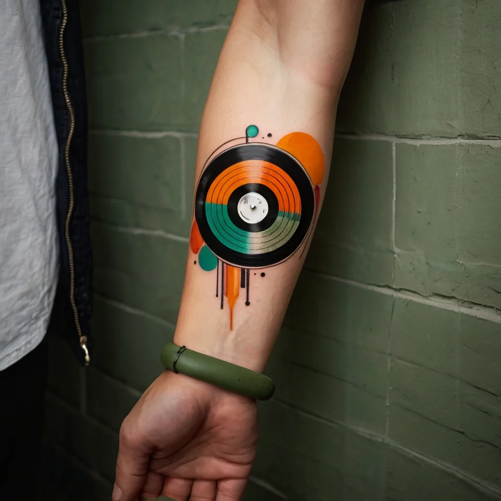 Colorful vinyl record tattoo on forearm with vibrant abstract splashes, blending orange, teal, and black.