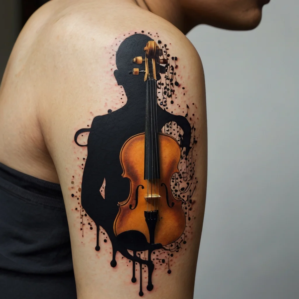 Tattoo of a violin silhouette with music notes and drip effect on upper arm, blending realism and artistic creativity.