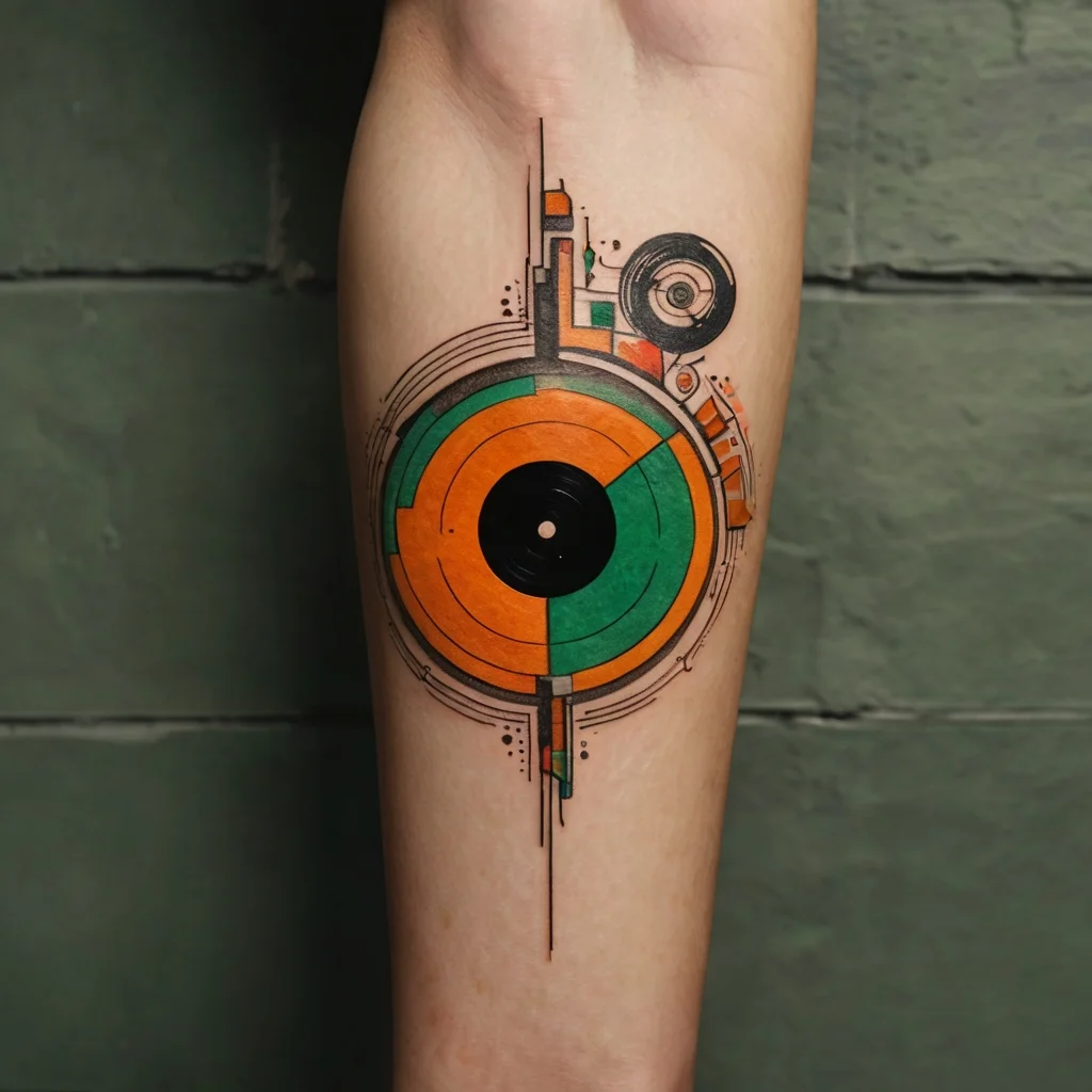 Abstract geometric tattoo with orange and green concentric circles, resembling a vinyl record, with intricate lines.