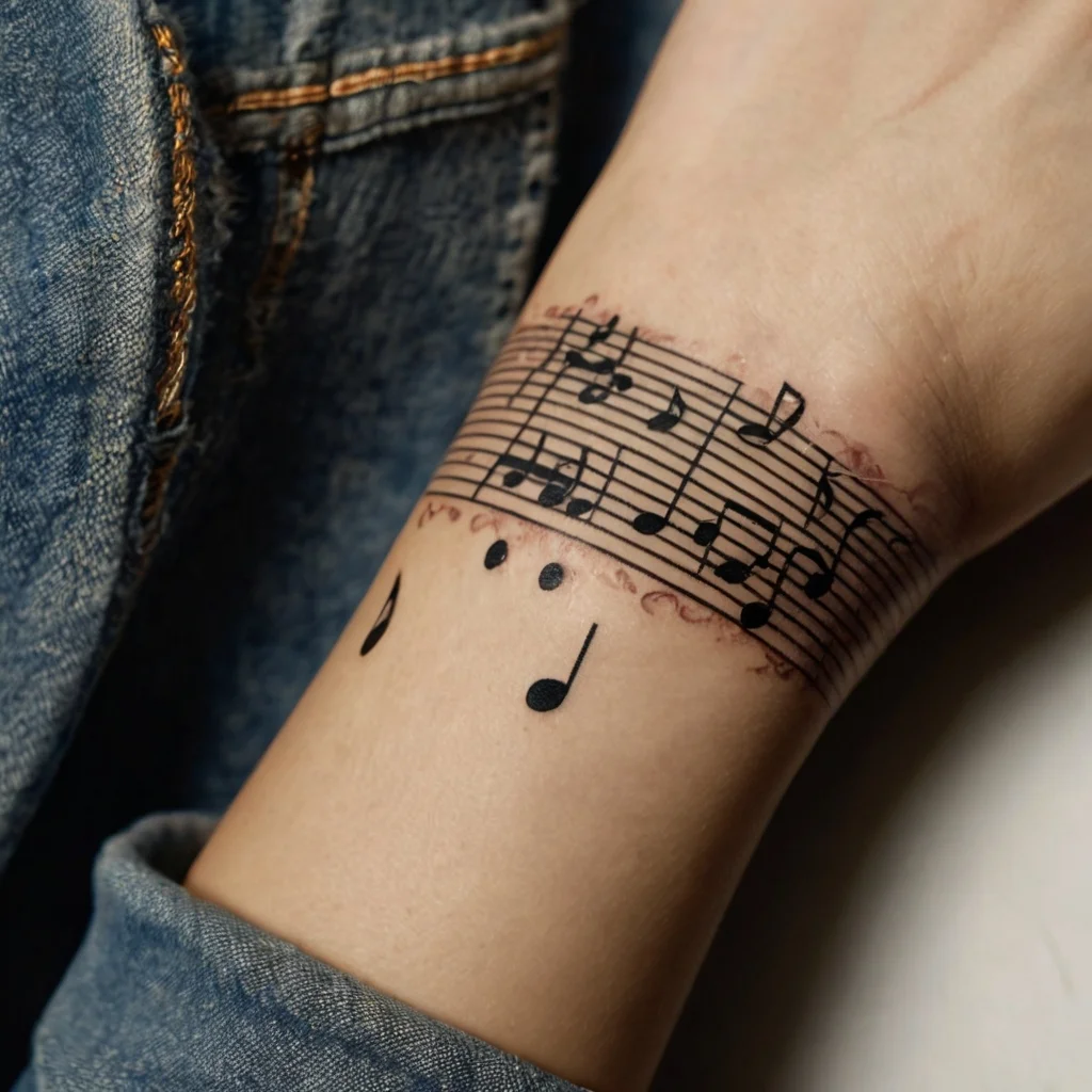 Tattoo of an armband featuring musical notes on a staff, some notes appear below, creating a rhythm-inspired design.