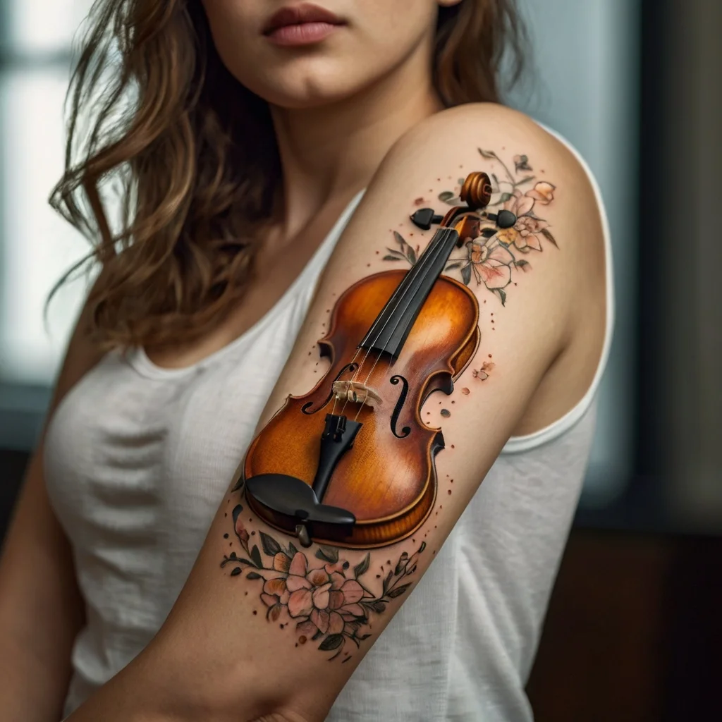 Tattoo of a detailed violin with flowers on an arm, symbolizing harmony between music and nature.