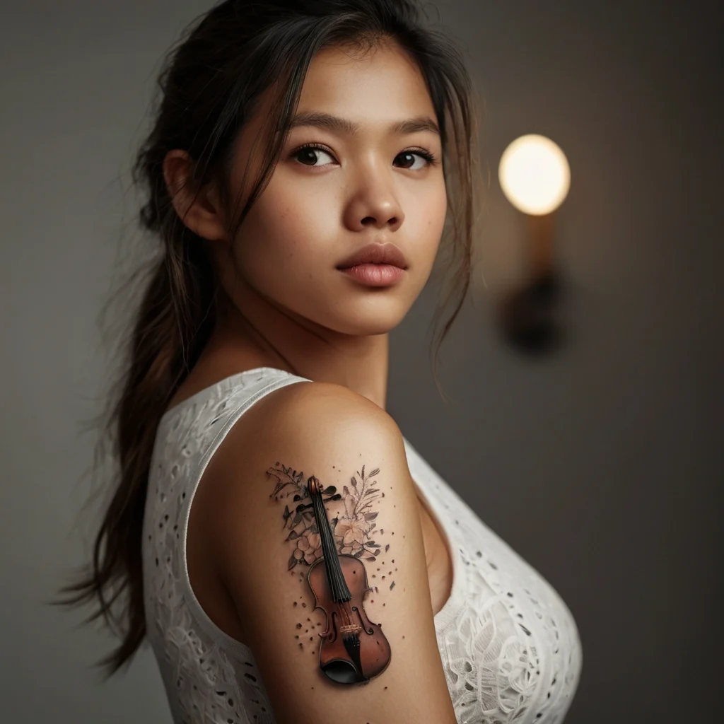 Violin tattoo on shoulder surrounded by floral design and subtle leaves, blending music with nature.