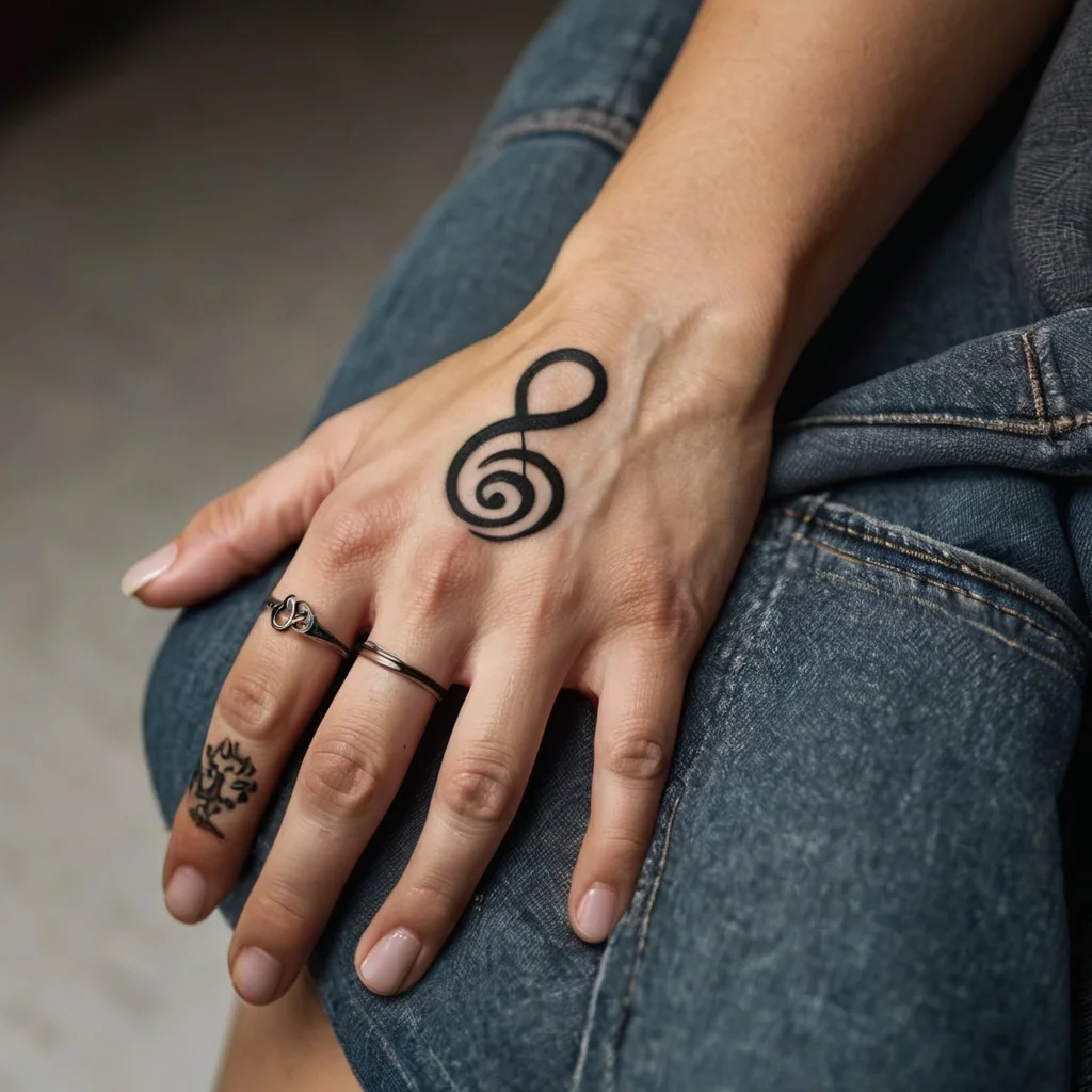 A bold black treble clef tattoo adorns the hand, with a smaller flame design on the finger, symbolizing passion and music.