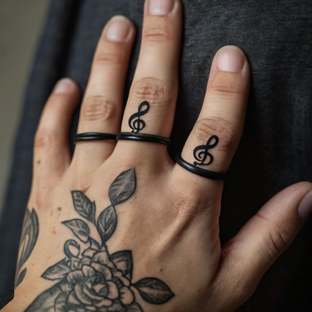 Three fingers feature small treble clef tattoos, accompanied by a detailed rose and leaves inked on the hand.