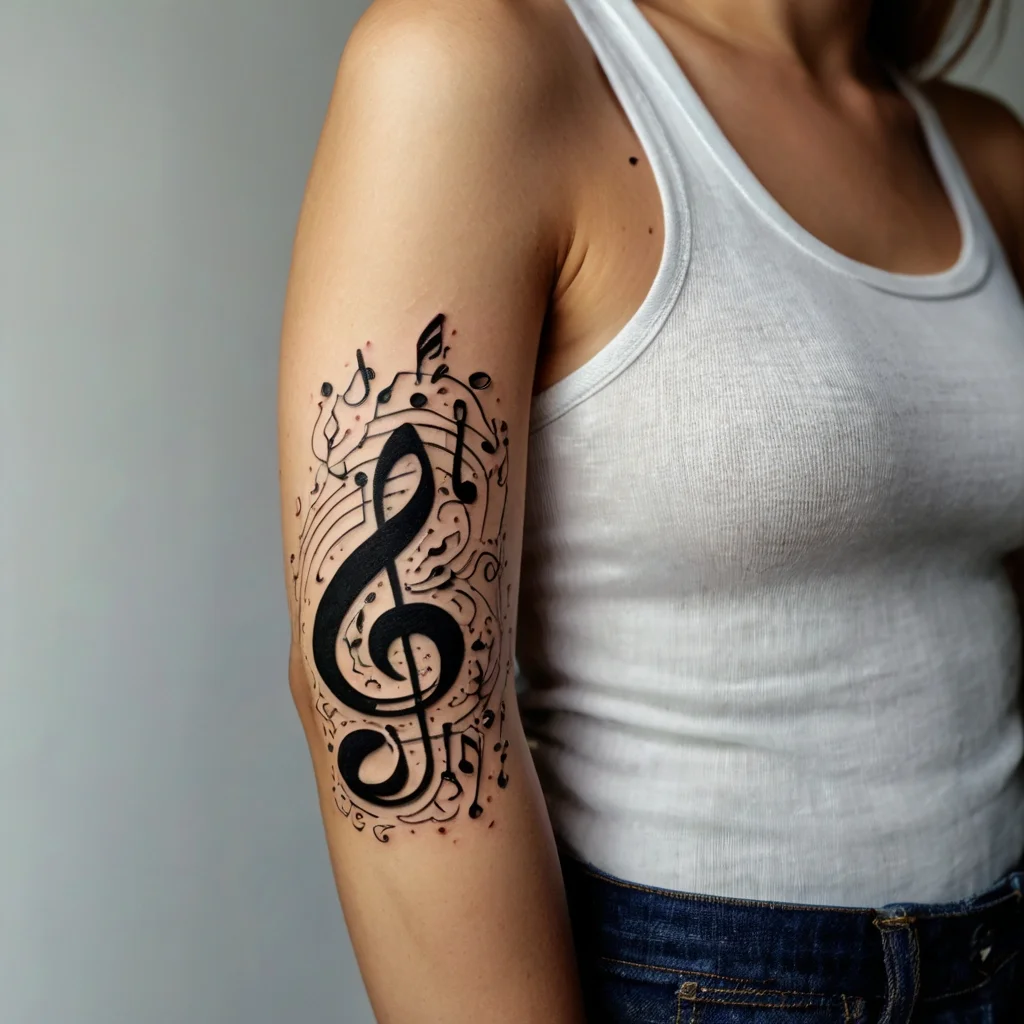 Tattoo of a bold treble clef with swirling musical notes and staff lines, elegantly wrapped around the upper arm.