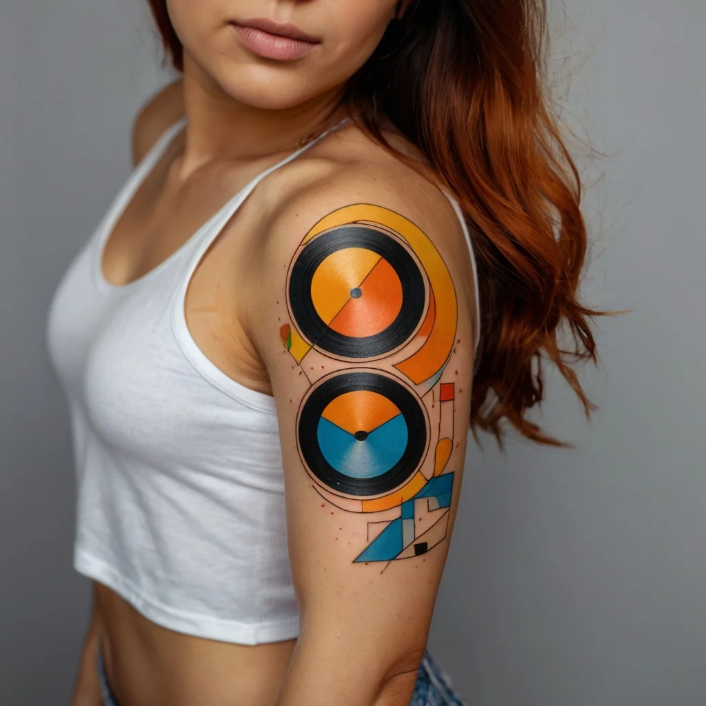 Geometric tattoo with vibrant circles and abstract shapes in orange, blue, and black, symbolizing harmony and movement.