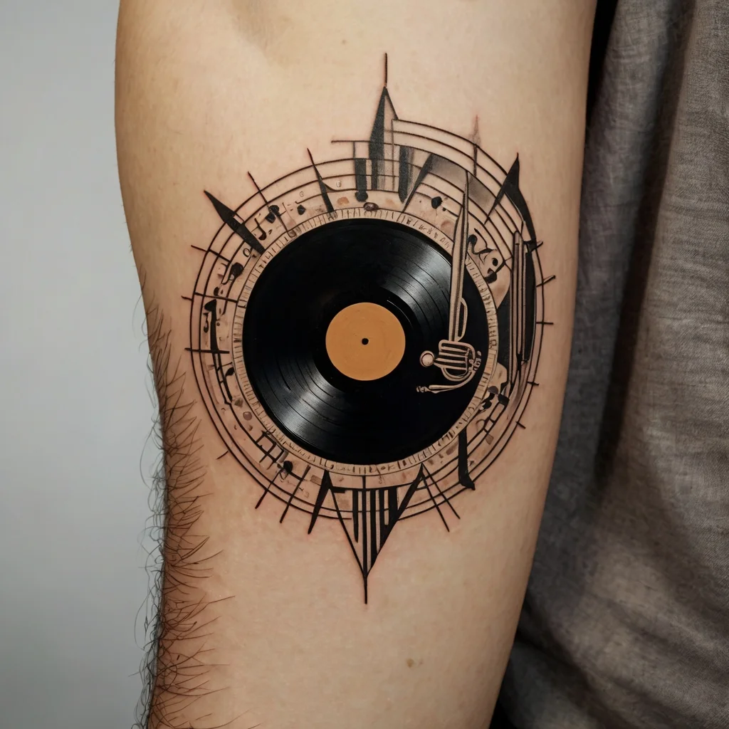 Tattoo of a vinyl record surrounded by musical notes and a geometric pattern, symbolizing a love for music.