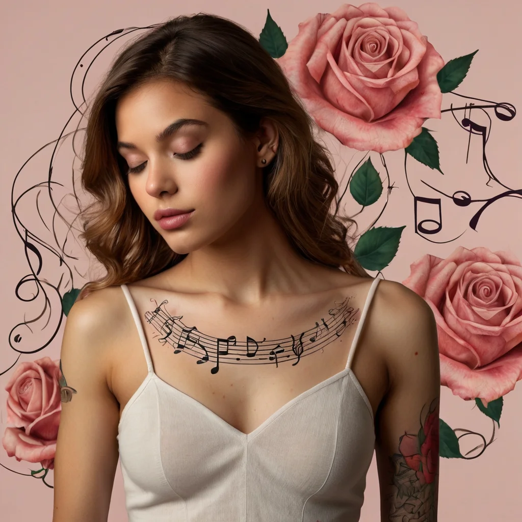 Musical notes flow across the collarbone, intertwined with roses and vines, symbolizing harmony and beauty in life's melody.