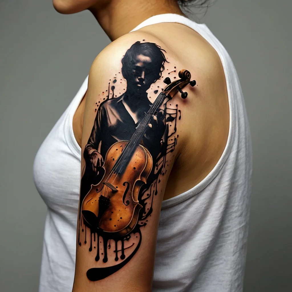 Tattoo of a cellist in black ink with a realistic cello, surrounded by abstract musical notes and splashes.