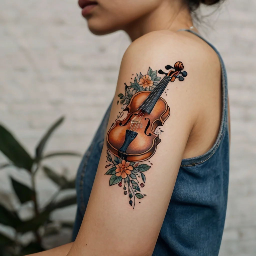 Violin tattoo with orange flowers and leaves, displaying vibrant colors and fine details on the upper arm.