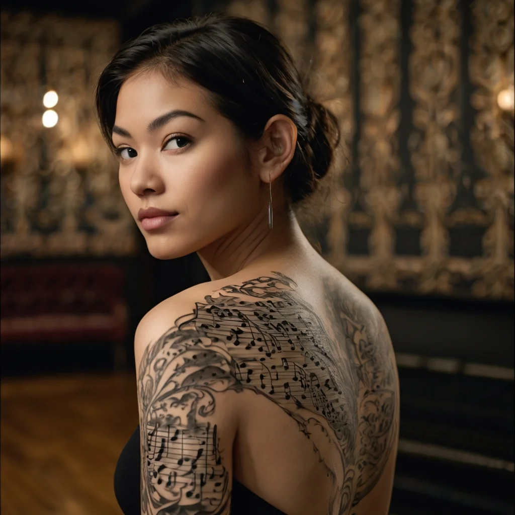 Tattoo of flowing sheet music and floral patterns adorns the shoulder, blending melody with nature's elegance.