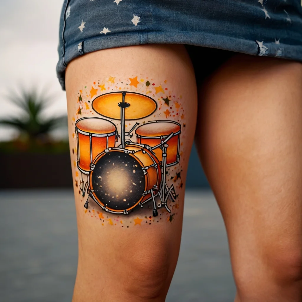 Colorful drum set tattoo on thigh with vivid orange tones and starry splatters, symbolizing rhythmic passion.