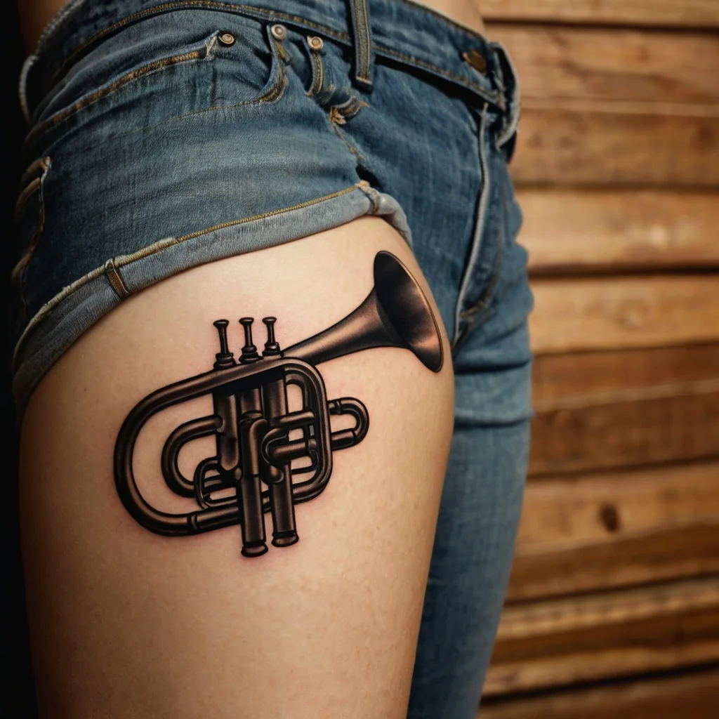 Detailed trumpet tattoo on thigh, featuring intricate valves and curves, creating a realistic and artistic design.