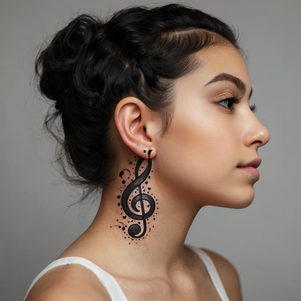 Tattoo of a bold black treble clef on the neck with swirling dots and accents, creating a dynamic, musical aesthetic.