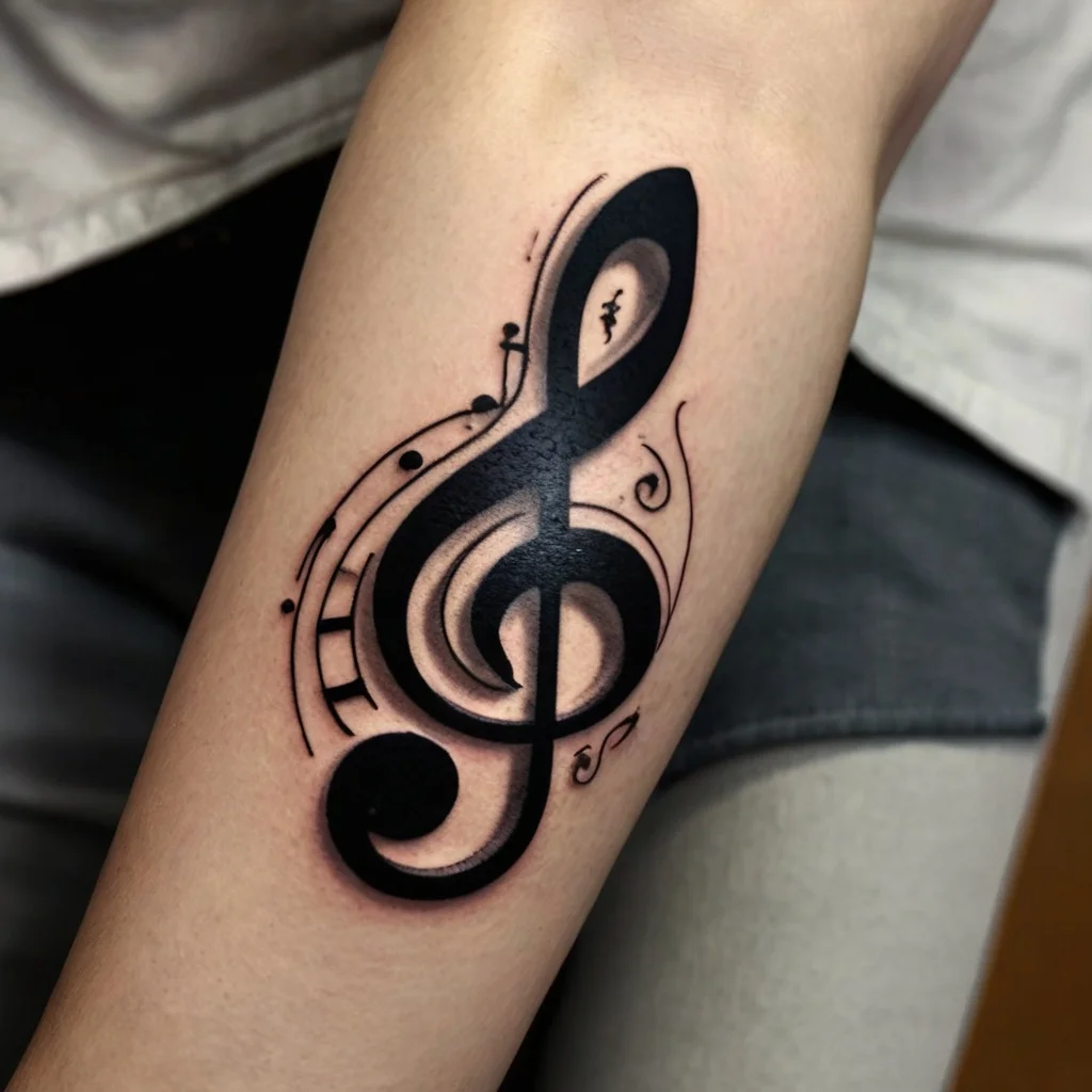 Tattoo of a bold black treble clef with musical notes and lines, blending into background swirls on the forearm.