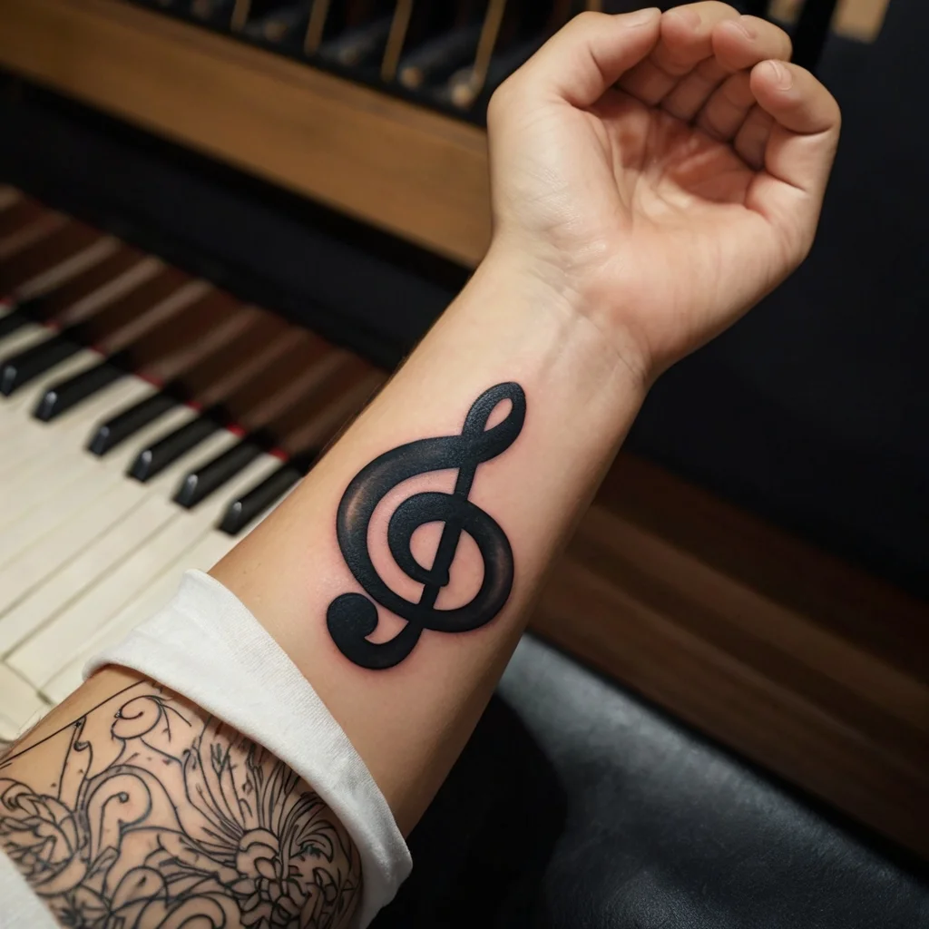 Tattoo of a bold black treble clef on the forearm, symbolizing a passion for music, with piano keys in the background.