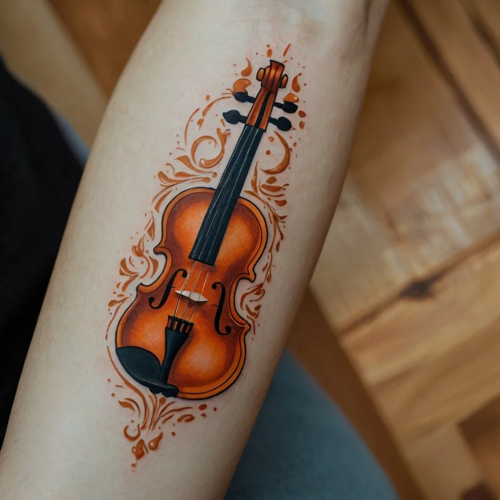 Realistic violin tattoo with intricate orange swirls, highlighting musical passion and elegance on the forearm.