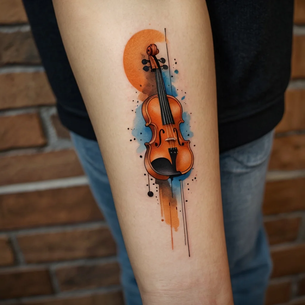 Tattoo of a violin with vibrant orange and blue watercolor splashes, featuring fine black ink details on the forearm.