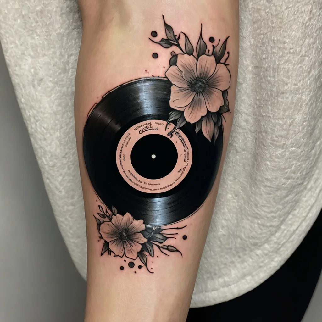 Tattoo of a vinyl record entwined with detailed flowers on the arm, blending music and nature in a vibrant design.