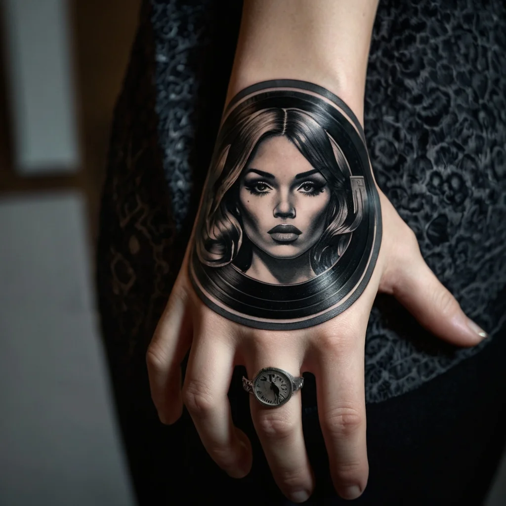 A realistic tattoo of a woman's face framed by circular, vinyl record-like lines on the back of a hand.