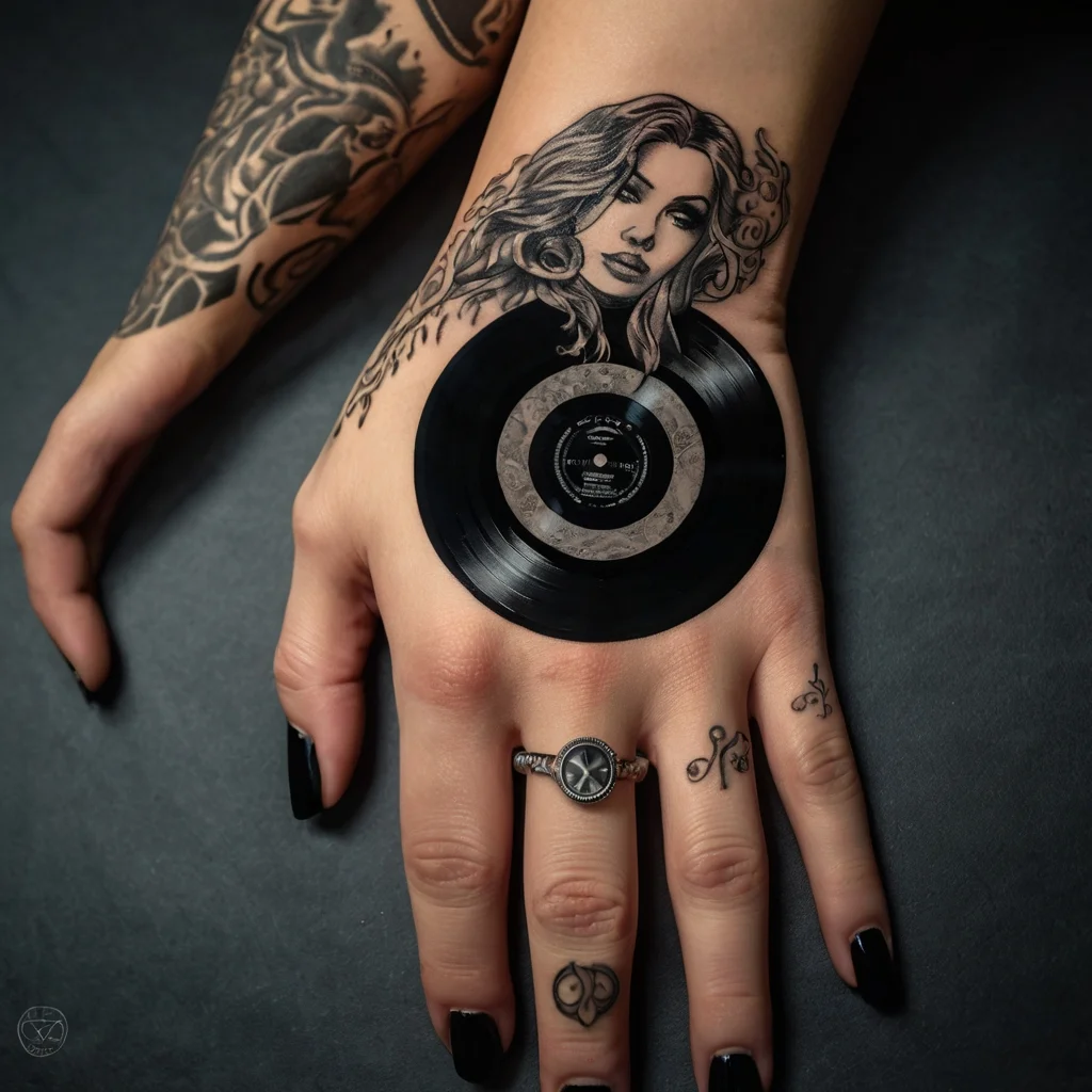 Tattoo of a vinyl record with a detailed portrait of a woman on a hand, surrounded by elegant symbols.