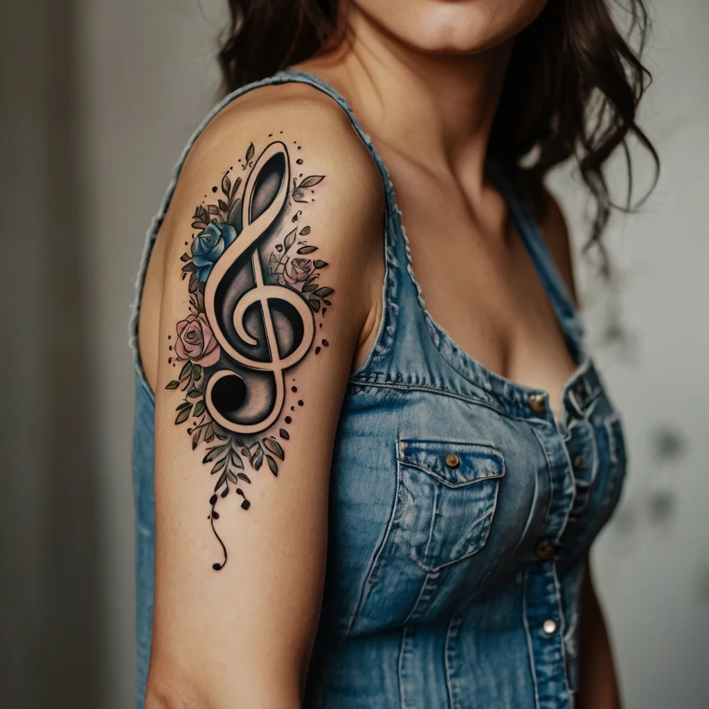 Treble clef tattoo entwined with colorful roses and leaves on the upper arm, symbolizing a love for music and nature.