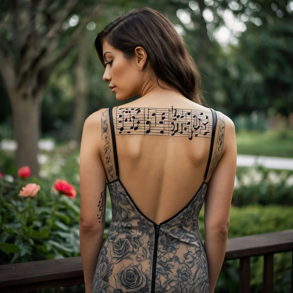 Tattoo design featuring musical notes across the upper back and intricate rose patterns on the arms and dress.