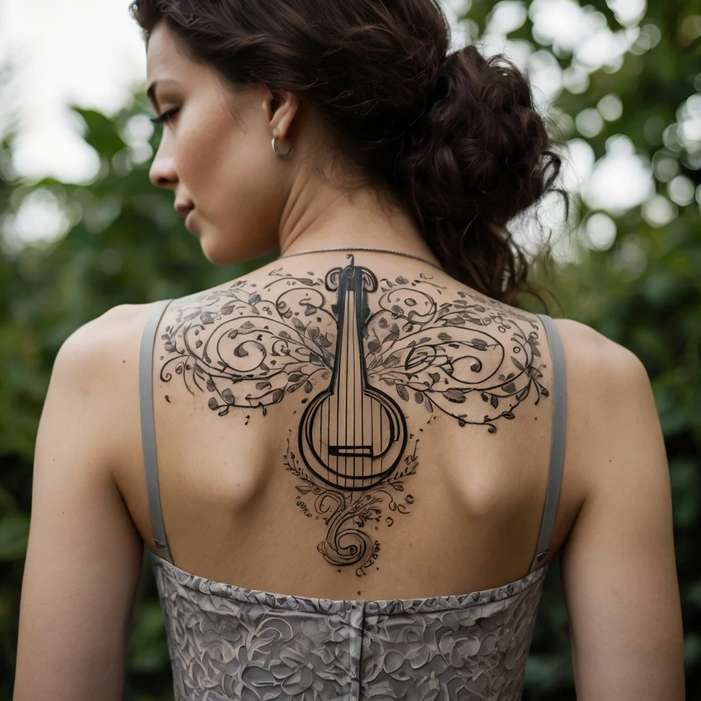 Back tattoo of a stylized guitar with intricate floral and vine designs, elegantly spreading across the shoulders.