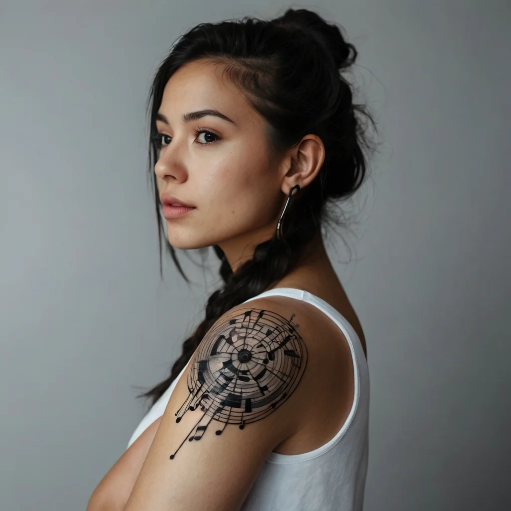 Circular geometric tattoo with musical notations radiating from the center, blending art and music on the shoulder.