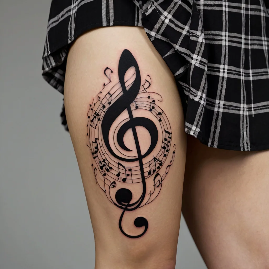 Musical tattoo featuring a bold treble clef wrapped in swirling musical notes, elegantly inked on the thigh.