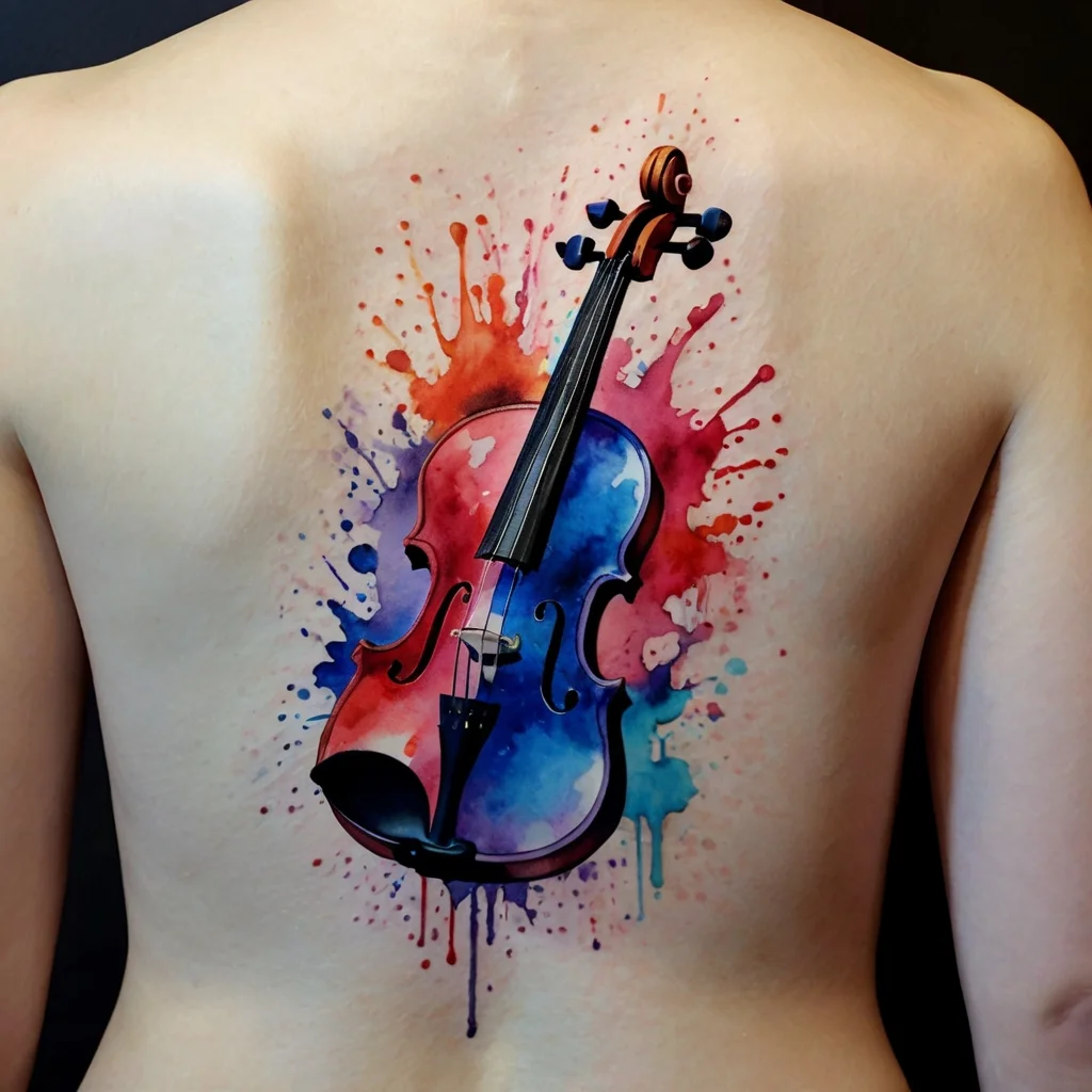 Watercolor tattoo of a violin on a back, blending vibrant red, blue, and orange splashes for a dynamic effect.