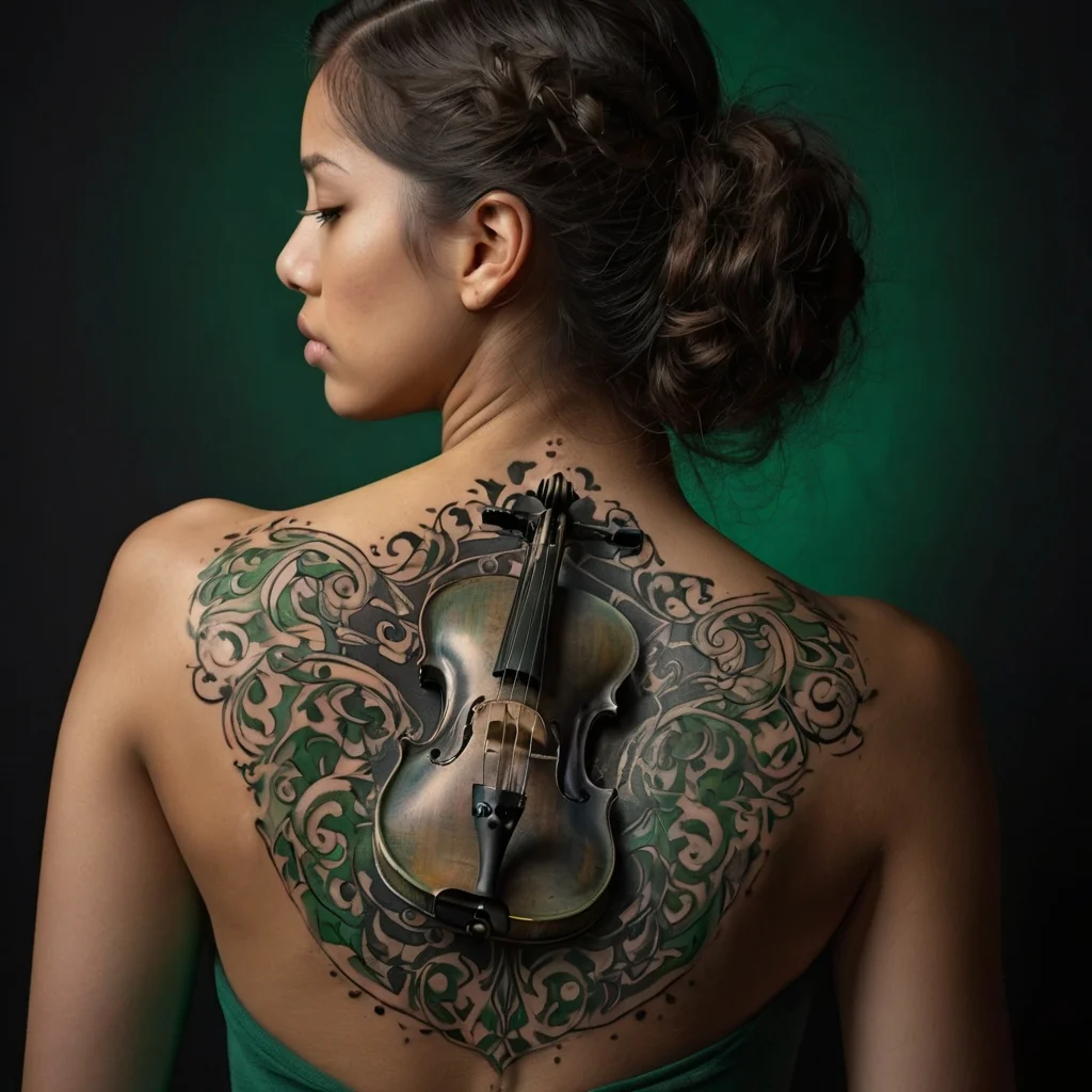 Tattoo of a realistic violin centered on the back, entwined with elegant green and black ornamental swirls.