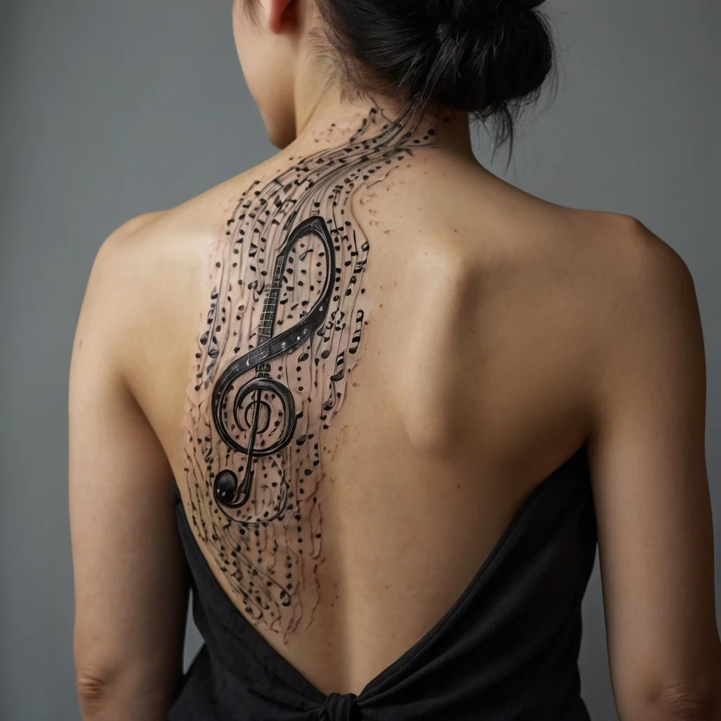 Tattoo of a large treble clef with flowing musical notes cascading down the back, symbolizing harmony and passion for music.